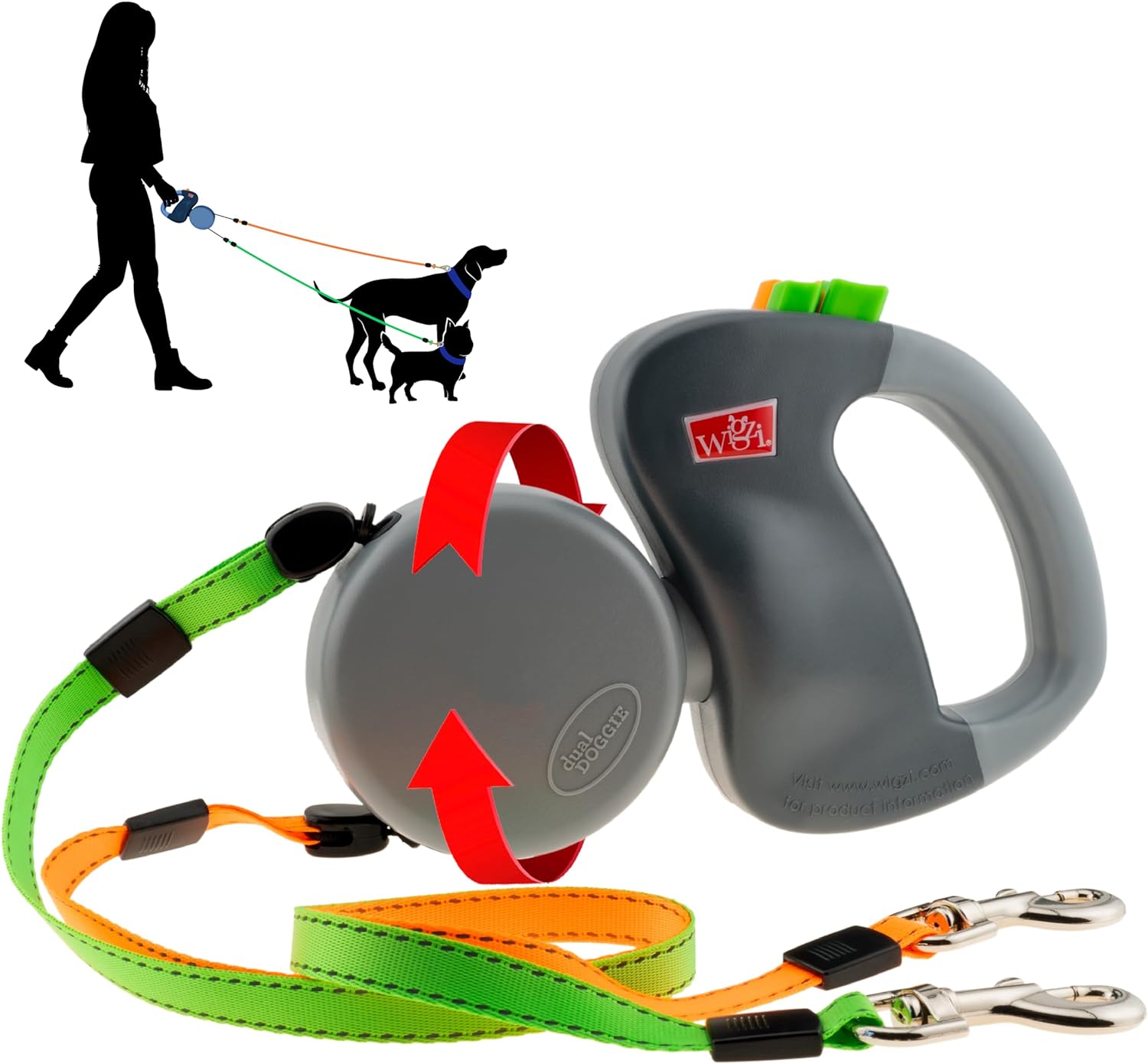 WIGZI (2 Two Dog Reflective Retractable Pet Leash  360 Degree Zero Tangle Patent - Two Dogs Each up to 50 lbs and 10ft. Reflective Orange and Green Leads. Dual Locking, Small, Gray