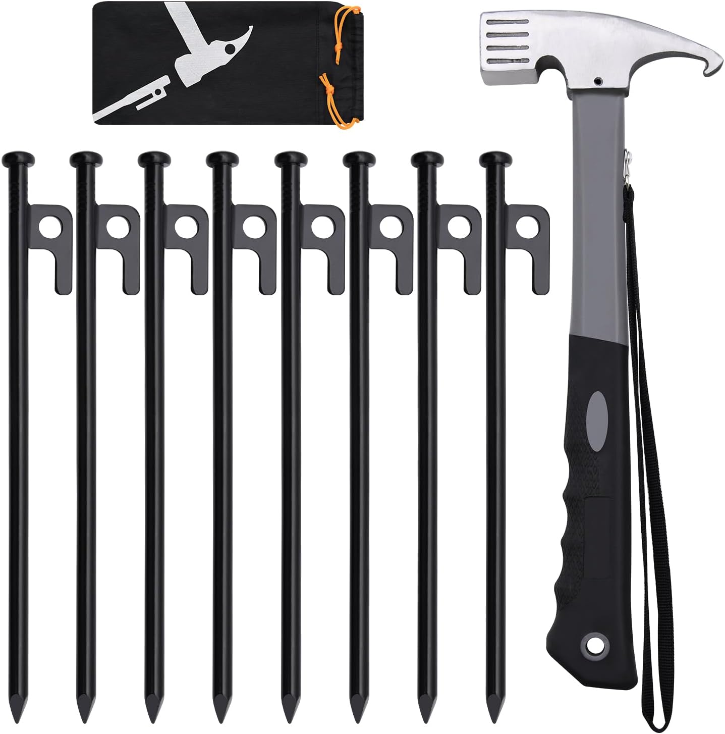 8/10/12/16in Tent Stakes and Hammer Set, 8pcs Heavy Duty Forged Steel Tent Stakes + Camping Hammer + Storage Pouch, Available in Rocky Place(8pcs 10in Stakes and Hammer)