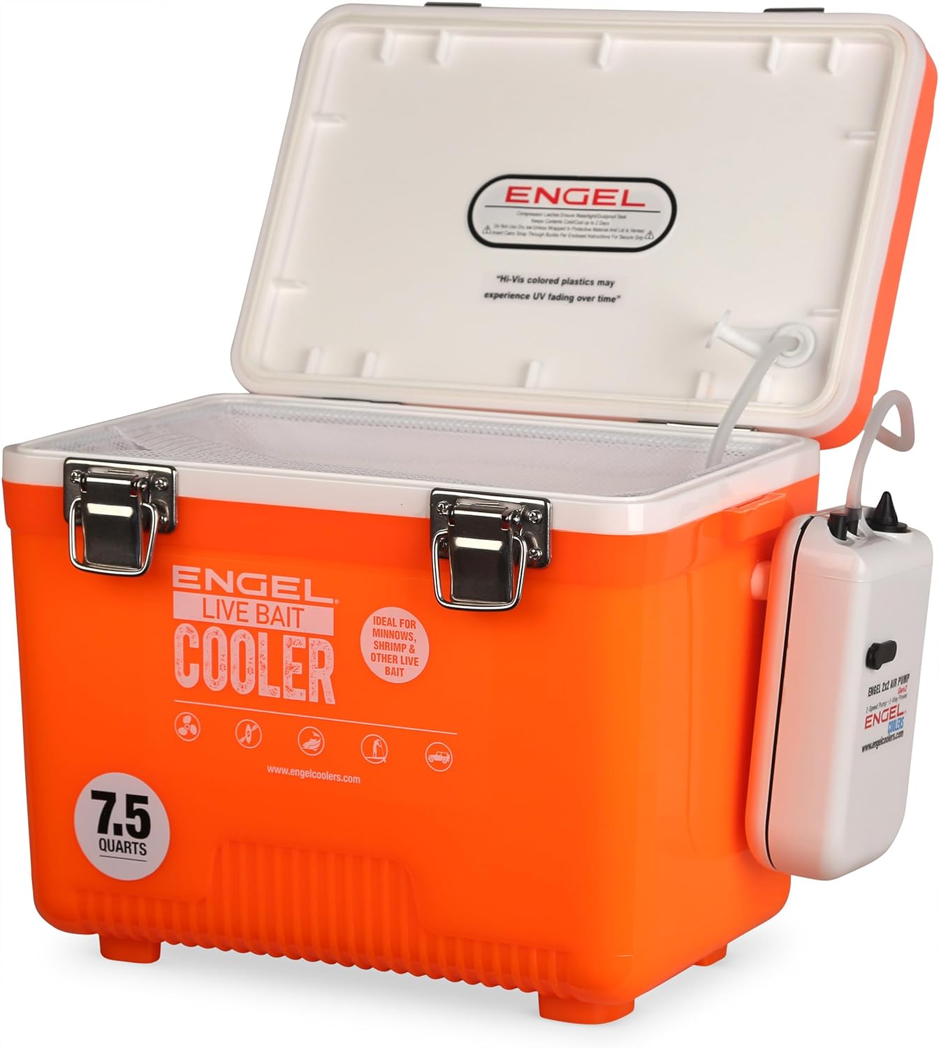 Engel Live Bait Cooler Box with 2nd Gen 2-Speed Portable Aerator Pump. Fishing Bait Station and Minnow Bucket for Shrimp, Minnows, and Other Live Bait