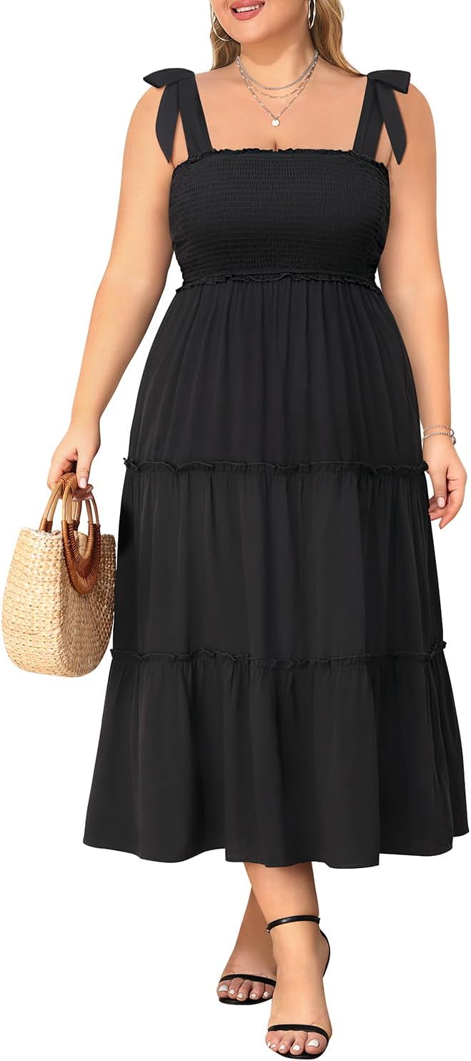 Women' Plus Size Summer Spaghetti Strap Maxi 2024 Beach Square Neck Smocked Long Flowy Tiered Dress