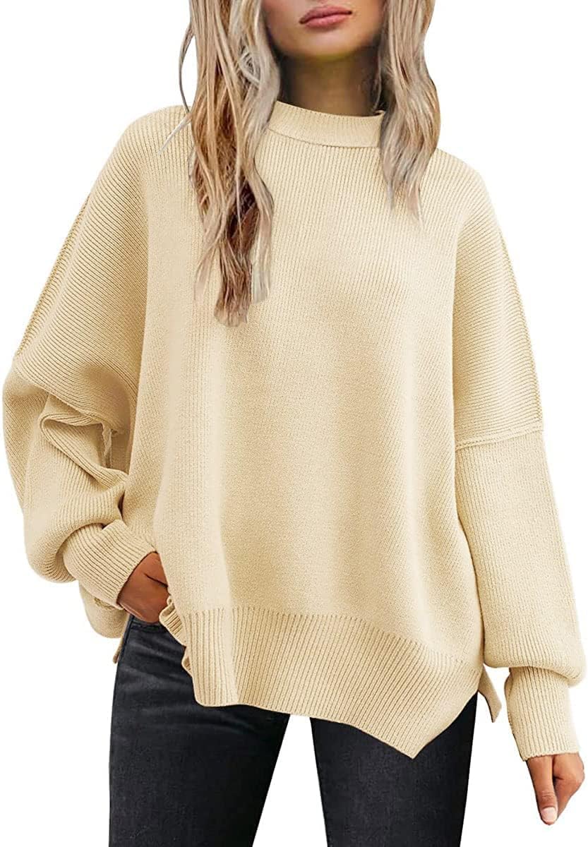 LILLUSORY Women's Crewneck Batwing Long Sleeve Sweaters 2023 Fall Oversized Ribbed Knit Side Slit Pullover Tops