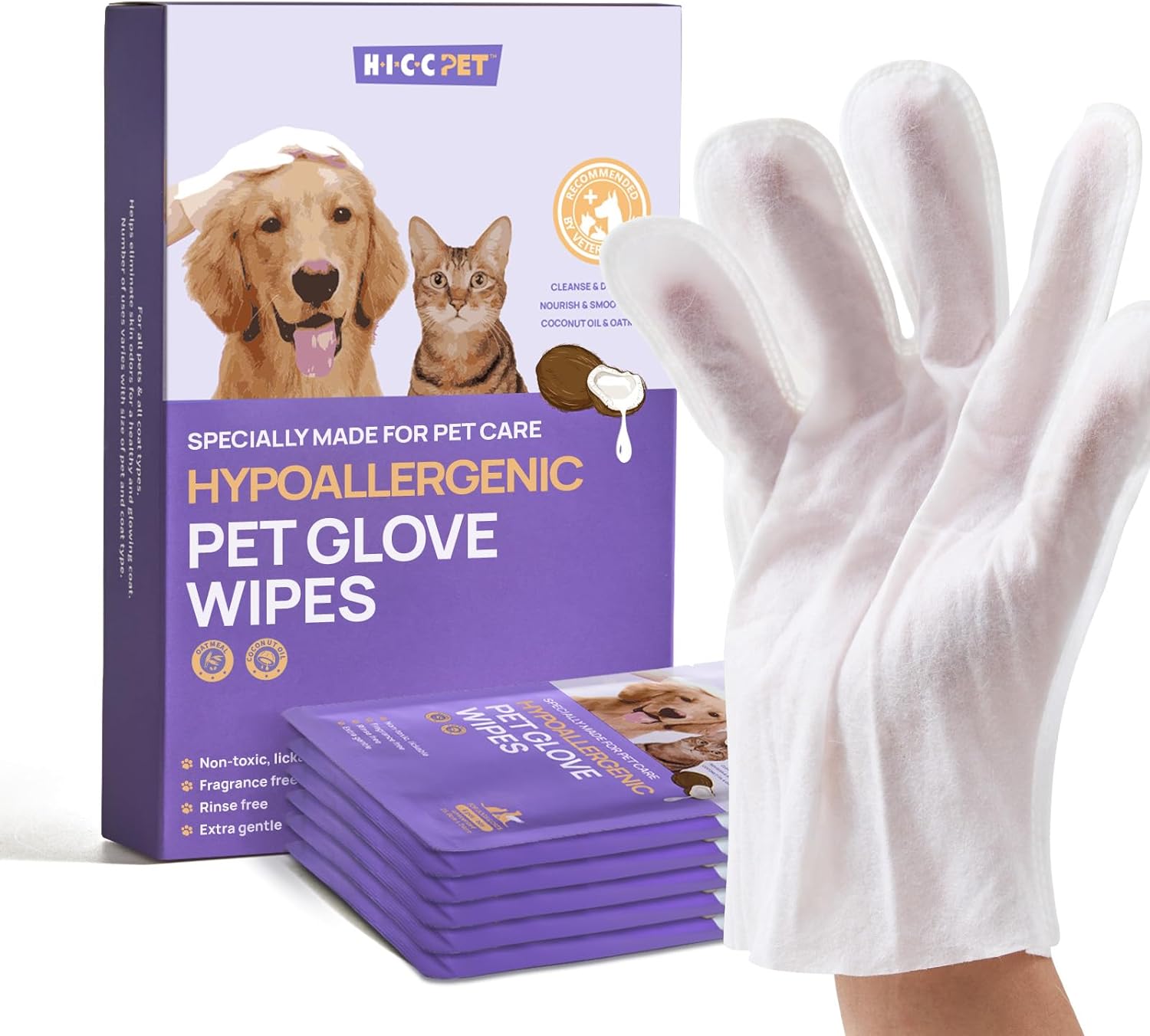 Cleaning Deodorizing Bathing Wipes for Dogs & Cats, Hypoallergenic Dog Cleaning Glove Wipes with Coconut Oil Nourishing Grooming Fur, Cat Cleaning Wipes for Daily Care and Traveling