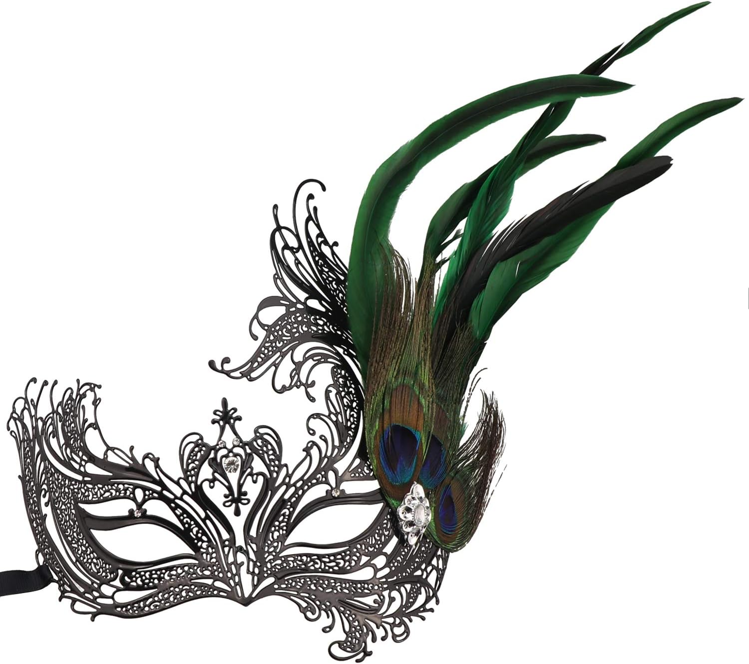 Thmyo Masquerade Metal Mask,Rhinestone Peacock Feathers Venetian Halloween Costume Mask