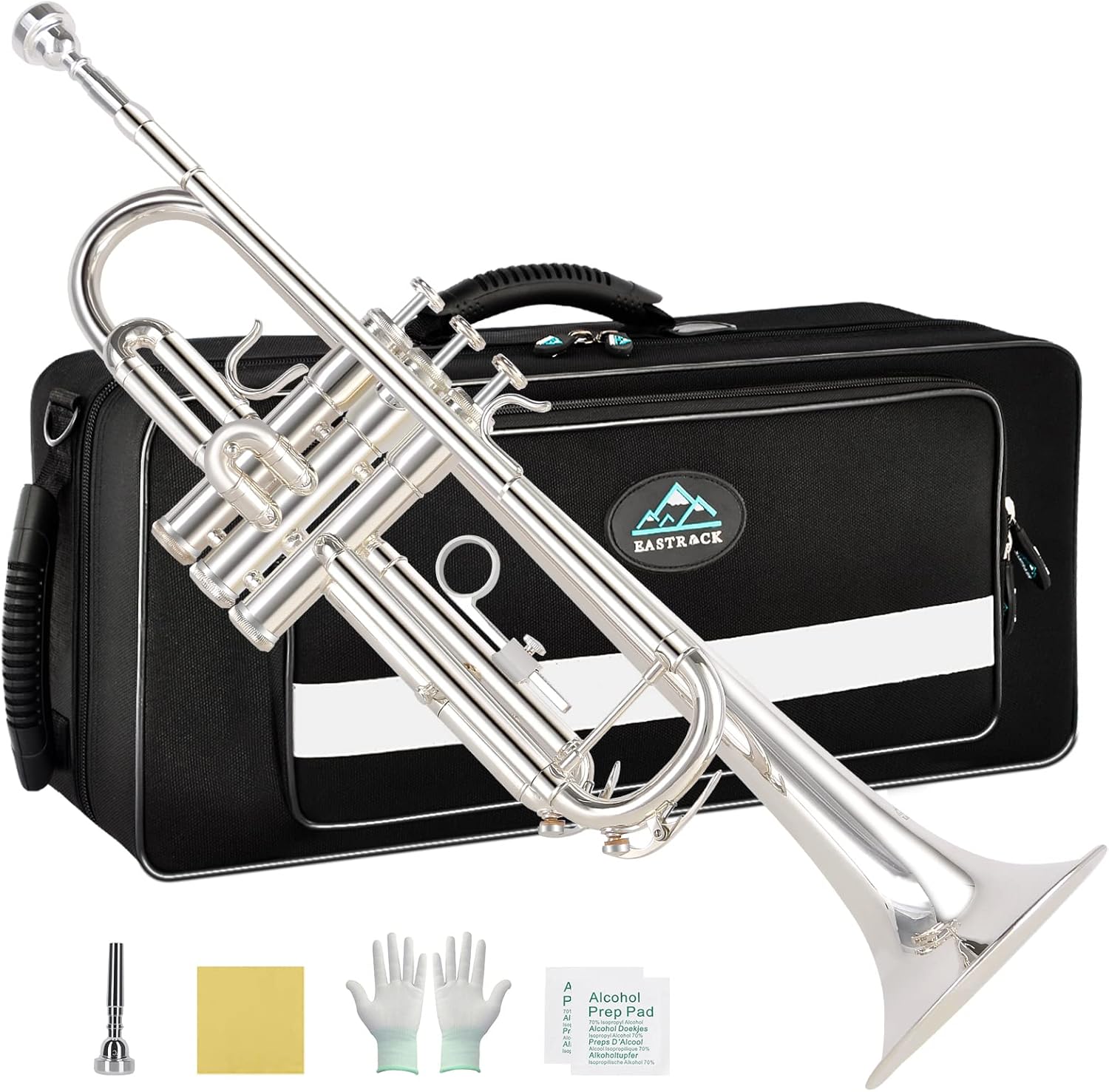 EASTROCK Bb Trumpet Standard Trumpet Set with Carrying Case,Gloves, 7C Mouthpiece, Cleaning Kit, Tuning Rod (Silver)