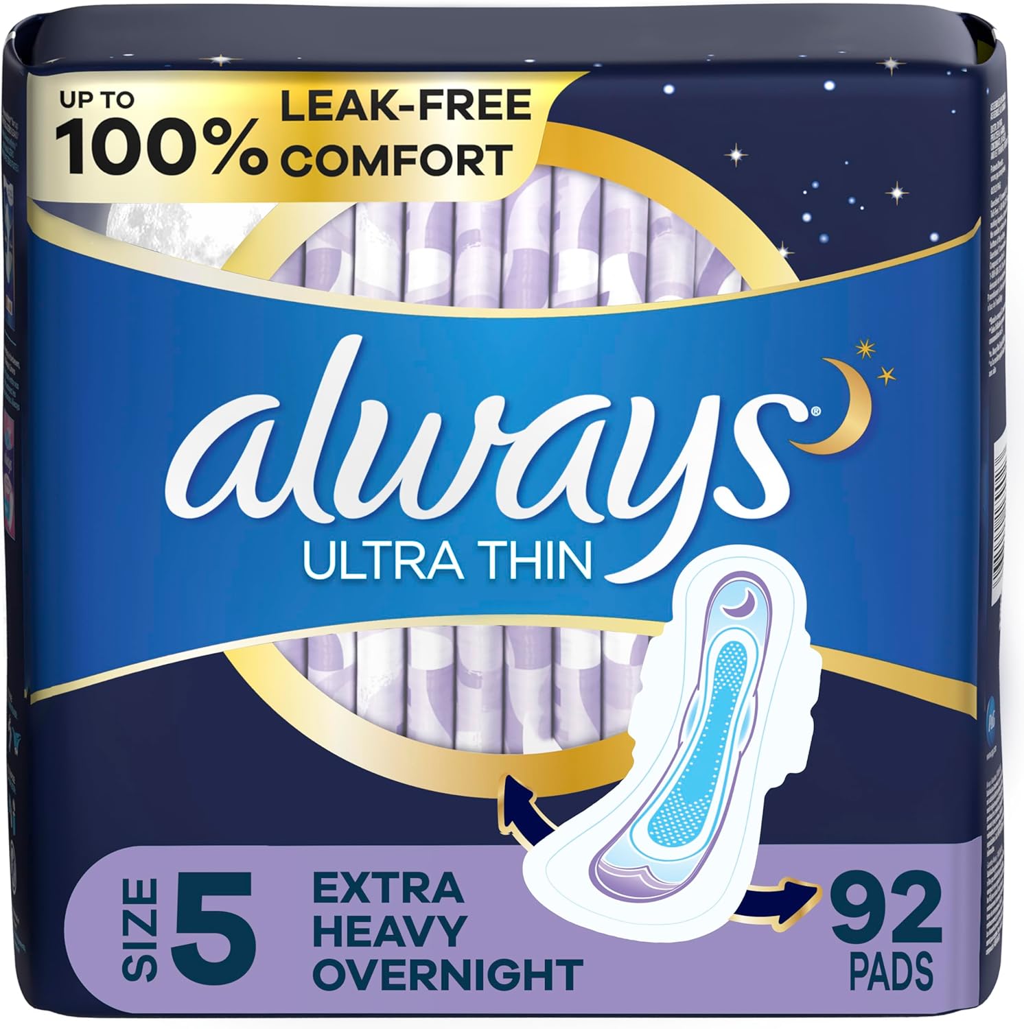 Always Ultra Thin Feminine Pads for Women, Size 5, Extra Heavy, Overnight Absorbency with Wings, 46 Count x 2 Packs (92 Count Total)