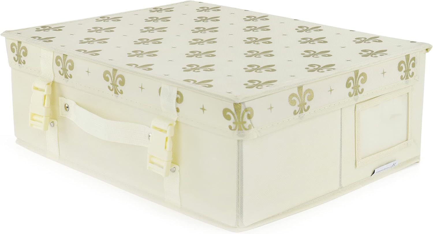 HANGERWORLD Wedding Dress Storage Box with Acid Free Tissue - Small, Ivory Gold Fleur de Lis Pattern