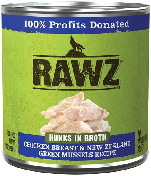 Rawz - in Broth Canned Adult Dog Food (Hunks of Chicken in Broth) with New Zealand Green Mussels - 12 Cans -10 OZ Cans (Chicken Breast&Mussels-Hunks)