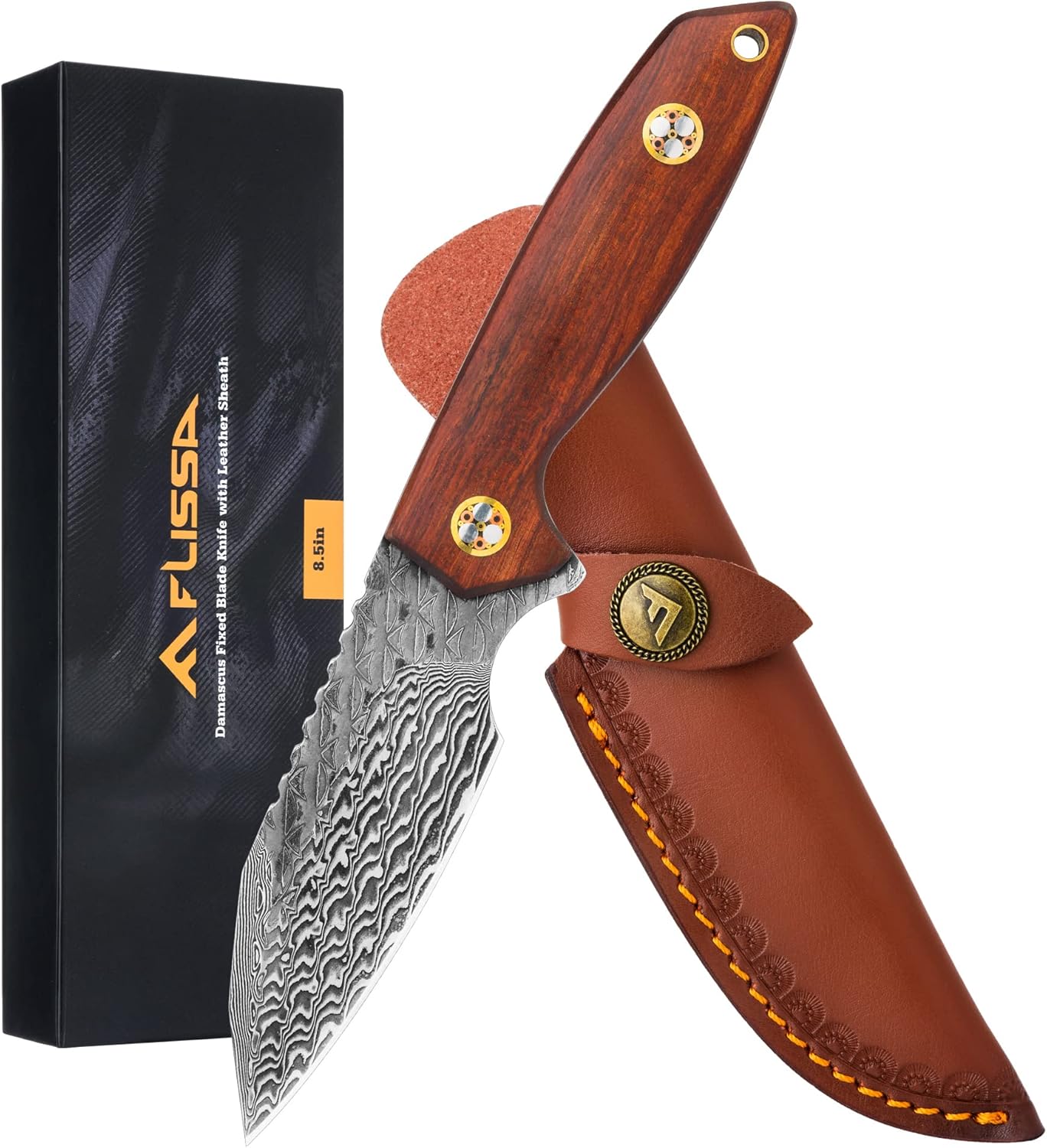 FLISSA 8-1/2 Inch Damascus Steel Hunting Knife, Fixed Blade Knife with Leather Sheath, Full-Tang Construction Survival Knife for Camping, Hiking and Outdoor Adventures, Rosewood Handle, Great Gifts for Husband, Wife, Mom and Dad