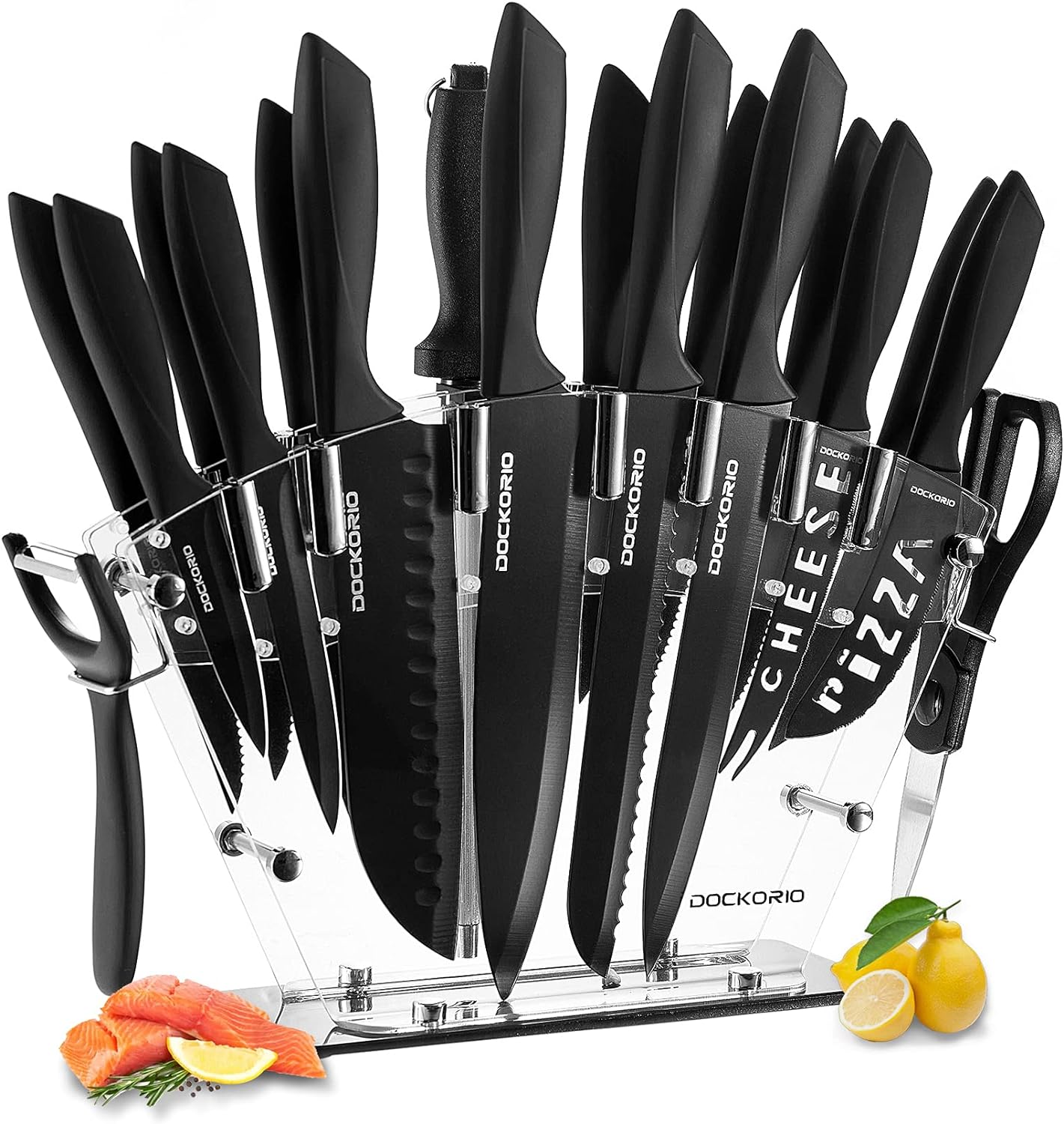 Dockorio Kitchen Knife Set with Block, 19 PCS High Carbon Stainless Steel Sharp includes Serrated Steak Knives Set, Chef Knives, Bread Knife, Scissor, Sharpener, all in one