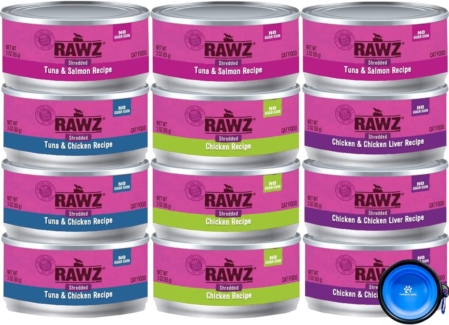 Rawz Natural Premium Canned Cat Wet Food Shredded -12 Pack Cans Variety Bundle Pack -4 Flavors - (Tuna & Salmon, Chicken & Liver, Tuna & Chicken, Chicken) with Hotspot Pets Food Bowl - (3oz Cans)