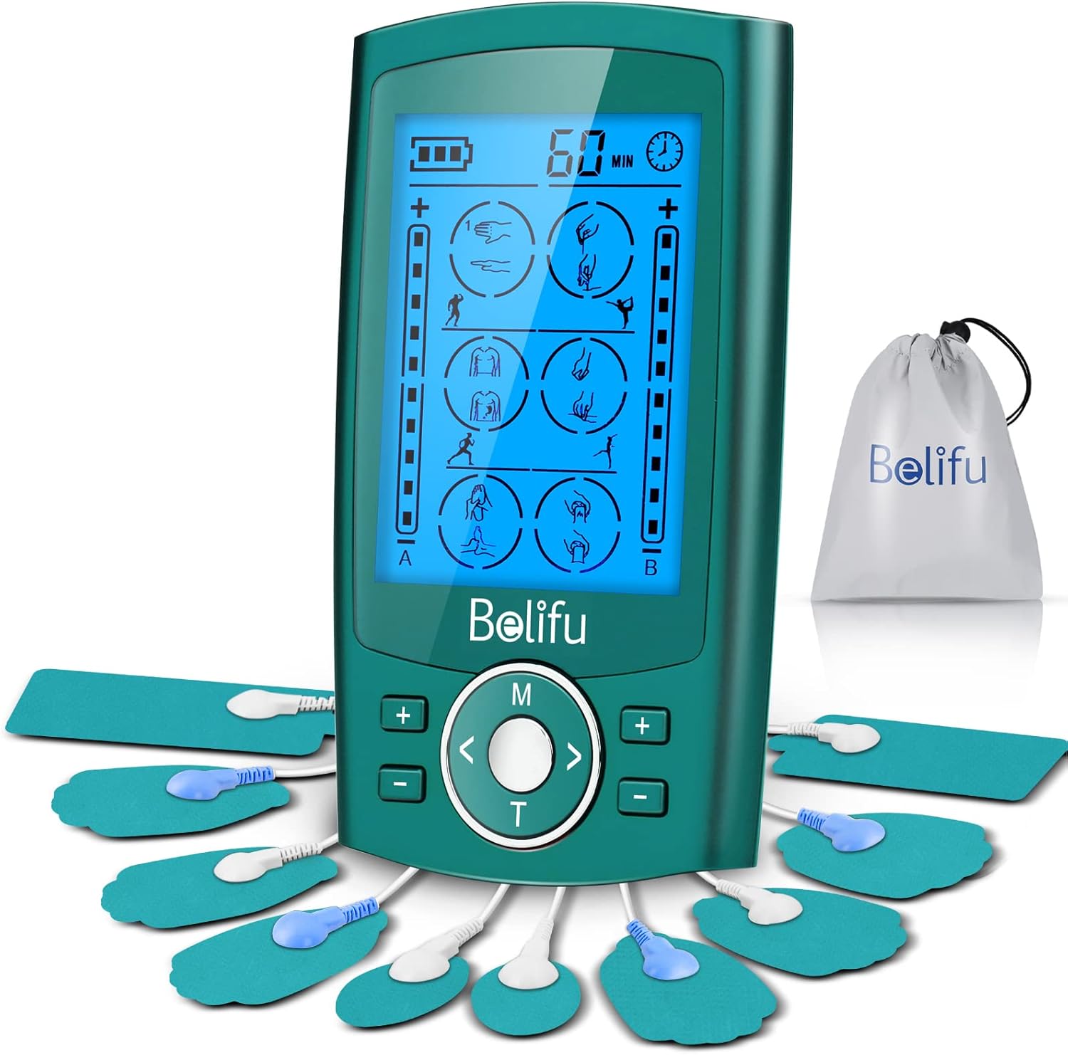 Belifu Dual Channel TENS EMS Unit 24 Modes Muscle Stimulator for Pain Relief Therapy, Electronic Pulse Massager Muscle Massager with 10 Pads, Dust-Proof Drawstring Storage Bag, Fastening Cable Ties