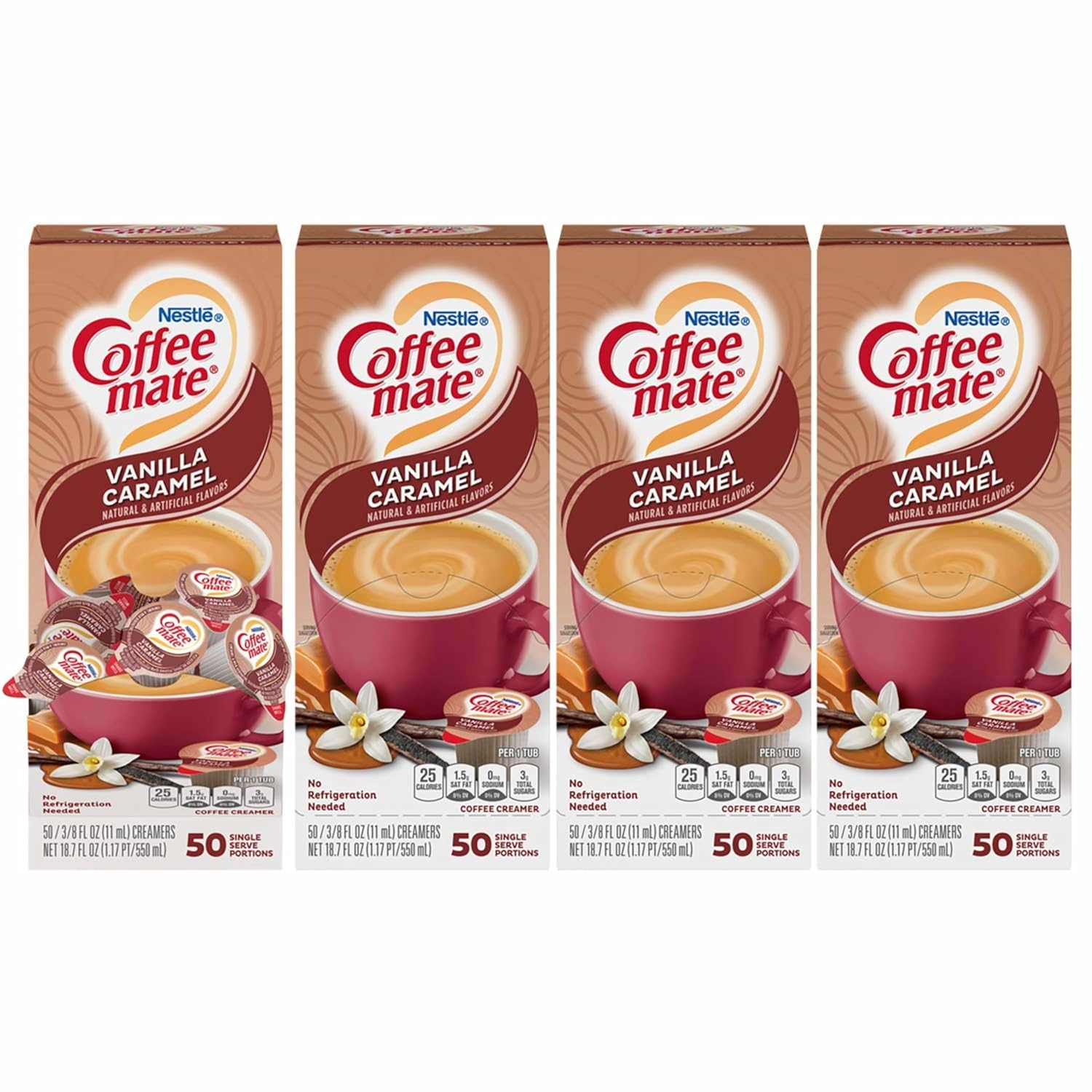 Nestle Coffee mate Coffee Creamer, Vanilla Caramel, Liquid Creamer Singles, Non Dairy, No Refrigeration, Box of 50 Singles (Pack of 4)