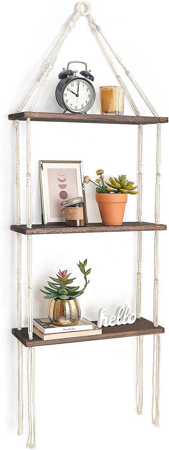 Mkono Macrame Wall Hanging Shelf 3 Tier Wood Floating Shelves with Cute Woven Rope Boho Room Decor Display Photos Plant Hanging Storage Shelves for Bathroom, Bedroom, Living Room, Nursery