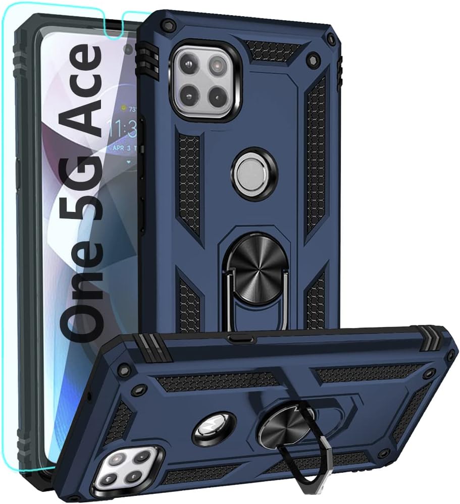 for Moto One 5G Ace Case,with HD Screen Protector,[Military Grade] Ring Car Mount Kickstand Hybrid Hard PC Soft TPU Shockproof Protective Case for Moto One 5G Ace (Blue)