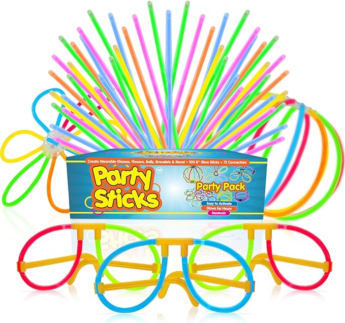 PartySticks Glow Sticks Party Supplies 100pk - 8 Inch Bulk Glow in the Dark Sticks Party Favors, Glow Party Decorations with Connectors for Glow Necklaces, Light Up Glasses, and Glow Flowers