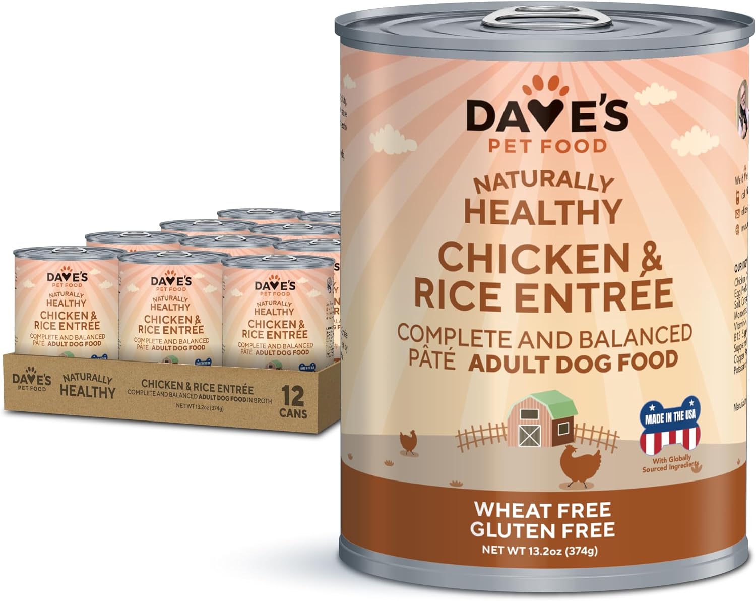 Dave's Pet Food Wet Dog Food (Chicken & Rice), Made in USA Naturally Healthy Canned Dog Food, Added Vitamins & Minerals, Wheat & Gluten-Free, 13.2 oz Cans (Case of 12 pk)