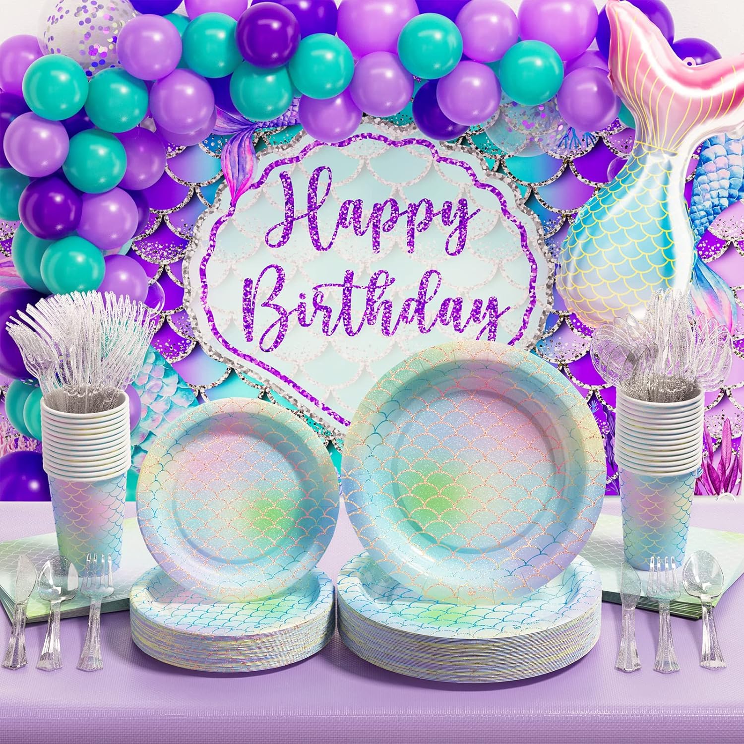 Mermaid Birthday Decorations -242 PCS Girs Party Supplies & Disposable Dinnerware Set (25 Guest) Includes Paper Plates Cups Napkins Cutlery Tablecloth Balloon Kit for Ocean Birthday Summer Baby Shower