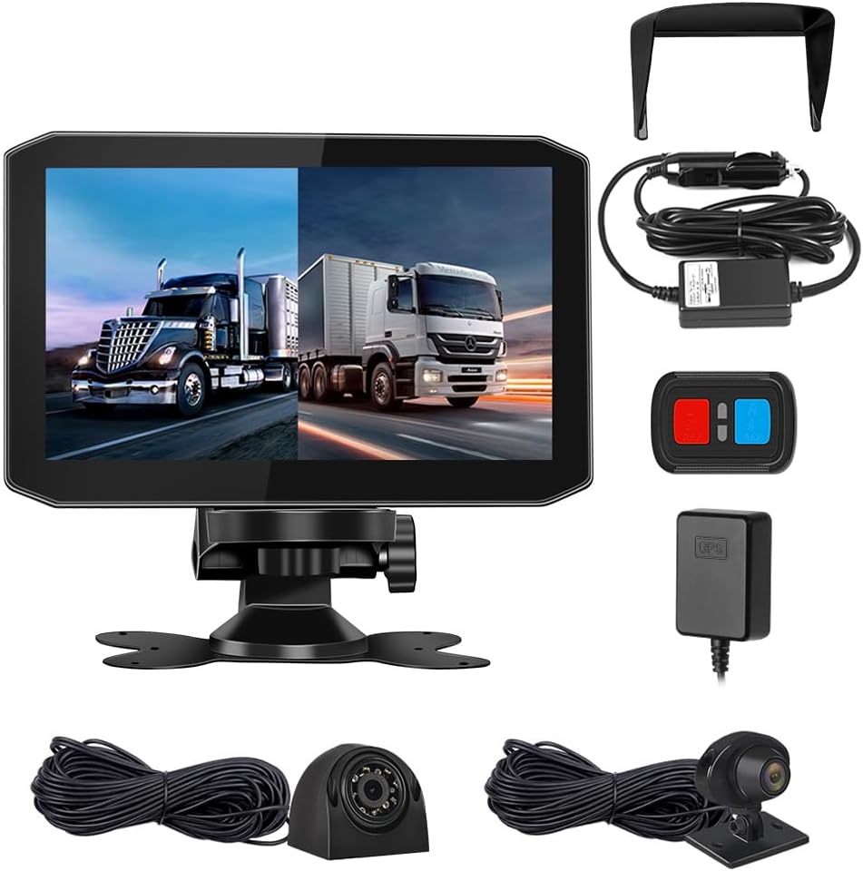 VSYSTO WiFi Backup Camera, 7 Inch Monitor HD 1080P Front and Rear Cam, Truck Dash Camera for Semi Trailer Truck Van Tractor RV Car, GPS, Infrared Night Vision Cam, Battery Voltage Display, Sun Visor