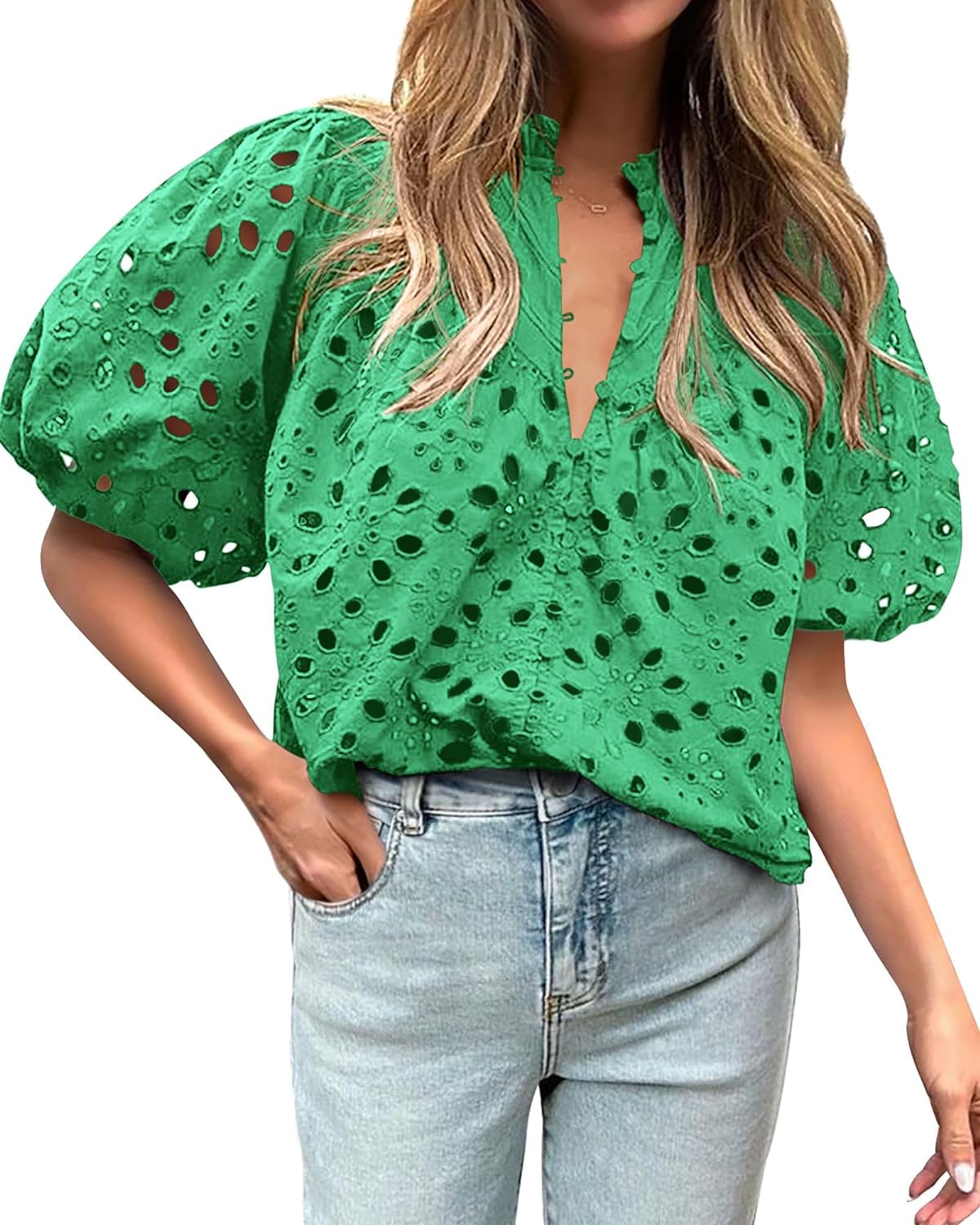 BTFBM Women' Casual Summer Blouse Tops Hollow Out Eyelet Embroidery V Neck Buttons Puff Short Sleeve Dressy Boho Shirt