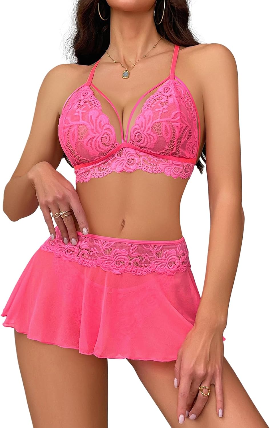 Sexy Lingerie for Women Naughty 3 Piece Lace Bralette, Mini Skirt with G-String Crotchless Lingerie Outfits