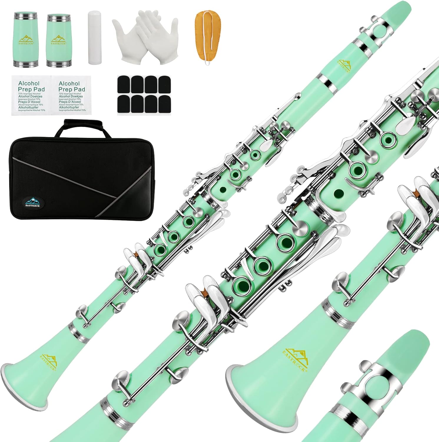 EASTROCK Clarinet Bb Flat 17 Nickel Keys Green Beginner Clarinet for Student with 2 Barrels Hard Clarinet Cas and Clarinet Cleaning Kit.