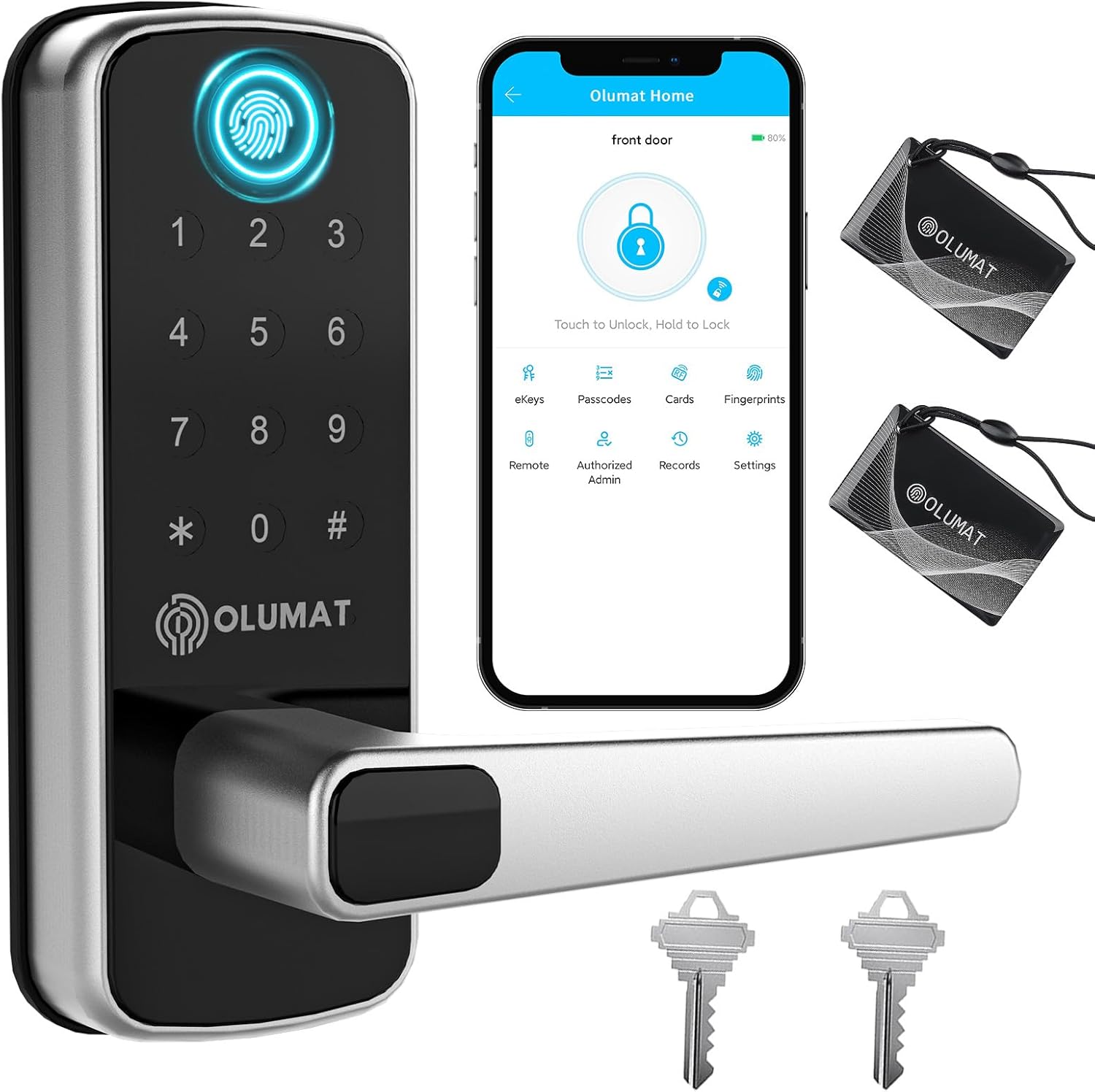 Smart Door Lock, OLUMAT Keyless Entry Door Lock Fingerprint Door Lock with Keypad Digital Door Lock with Handle for Home, Rental, Office and Hotel (Silver)