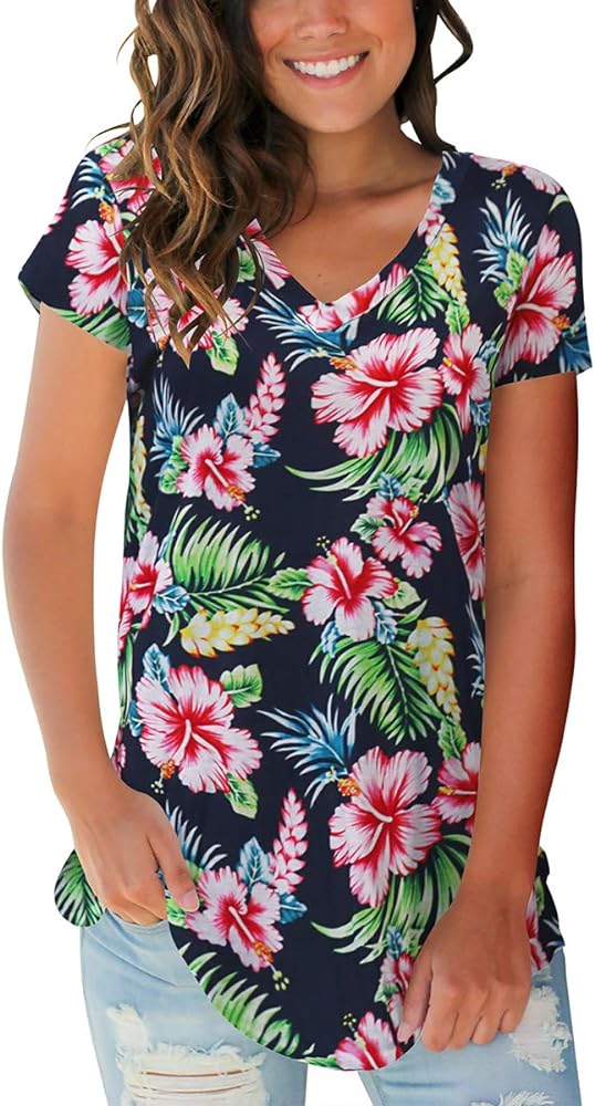 SAMPEEL Womens Summer Tops Floral Tees Short Sleeve Tunic V Neck T Shirts