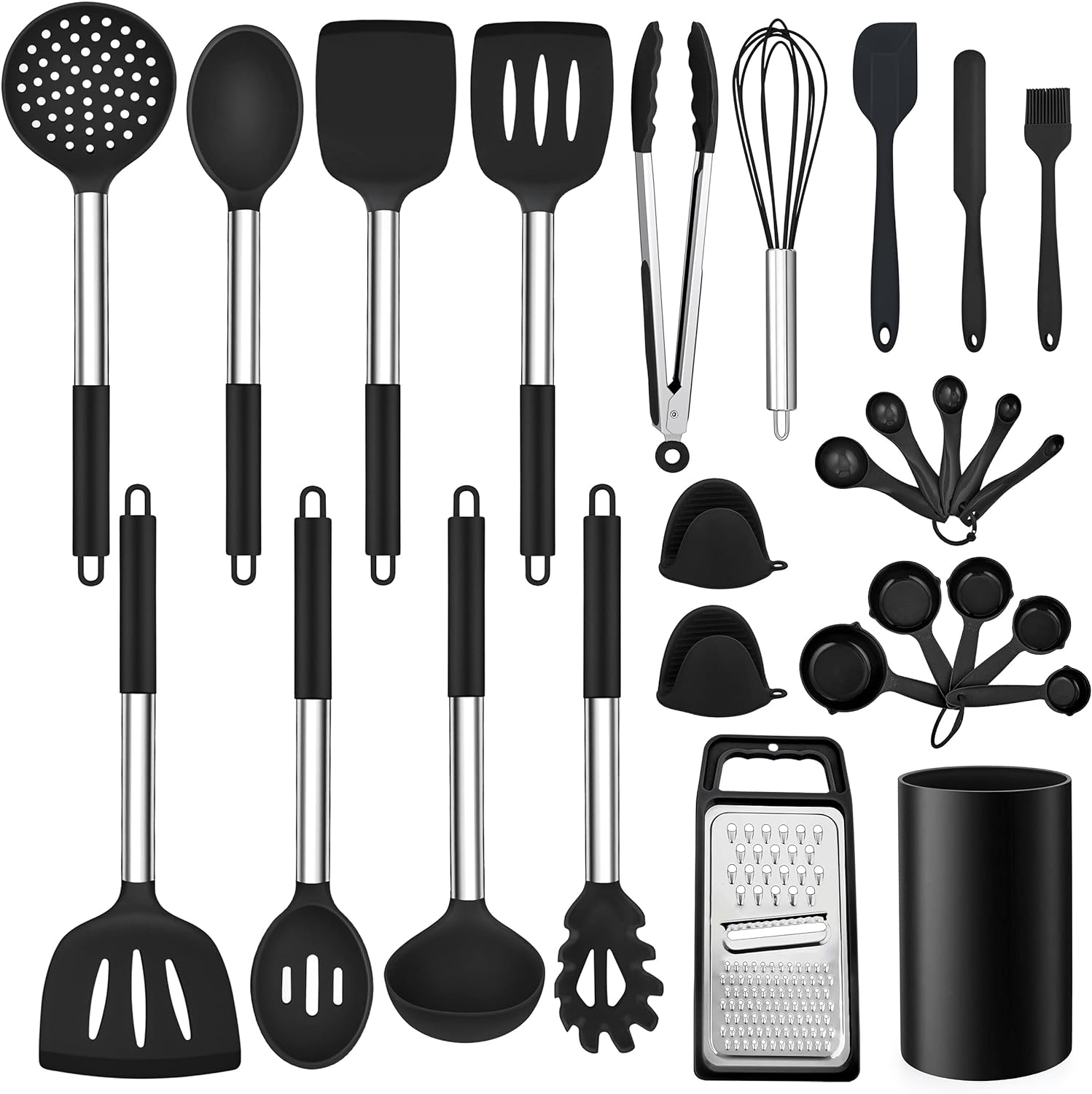 LIANYU 27 PCS Cooking Utensils Set with Holder, Silicone Kitchen Utensils Spatula Set with Stainless Steel Handle, Kitchen Cooking Gadgets Tools for Nonstick Cookware Set, Heat Resistant, Black