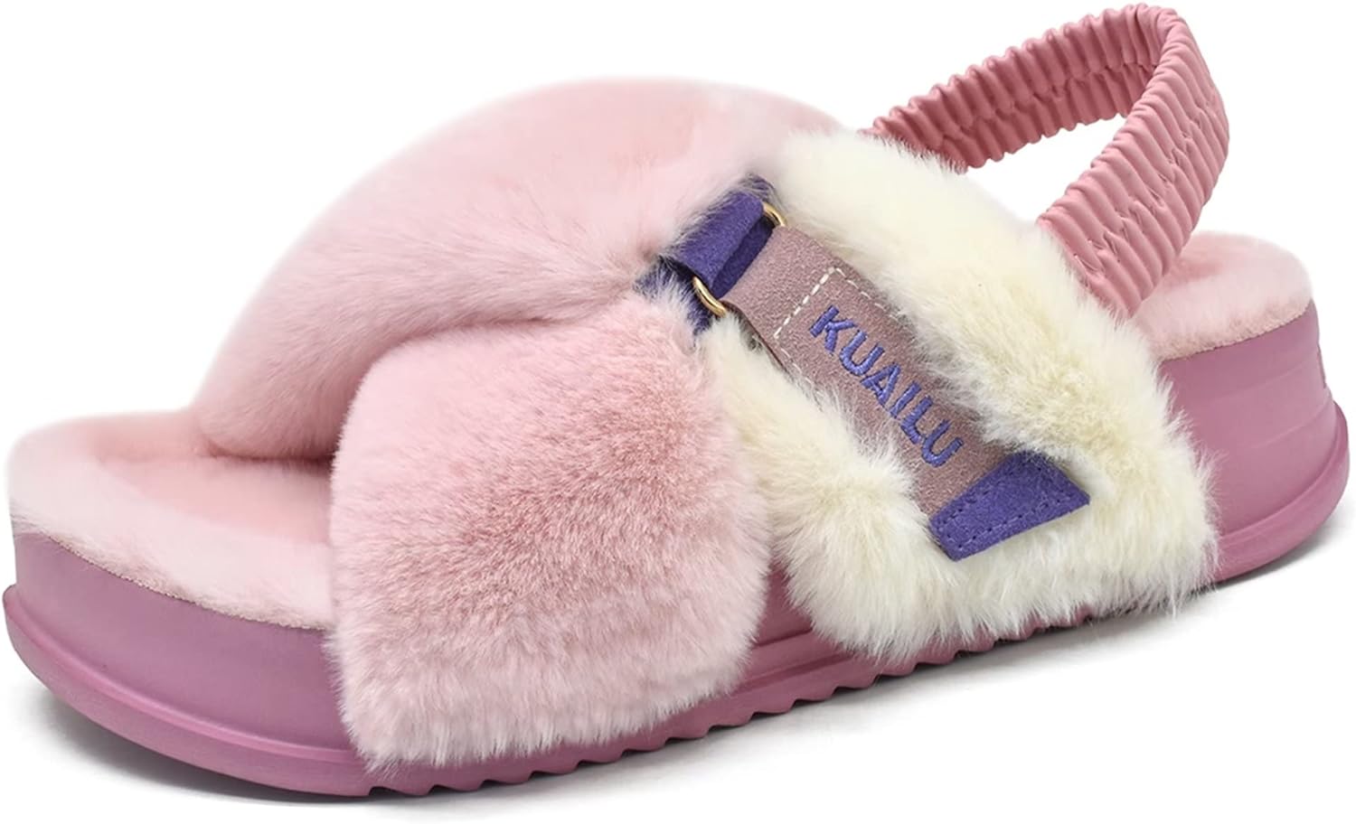 KuaiLu Womens Fuzzy Cross Band Platform Slippers with Back Strap Arch Support Furry Faux Fur Ladies Open Toe Slingback Slide Slippers Cozy Soft Plush Fleece Comfy House Shoe Sandals for Indoor Outdoor