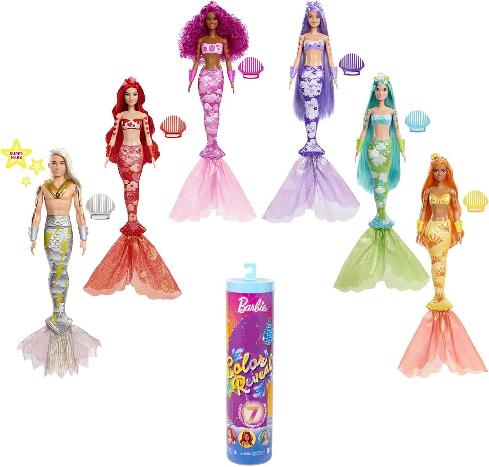 Barbie Color Reveal Doll & Accessories, Rainbow Mermaid Series, 7 Surprises, 1 Mermaid Barbie Doll (Styles May Vary)