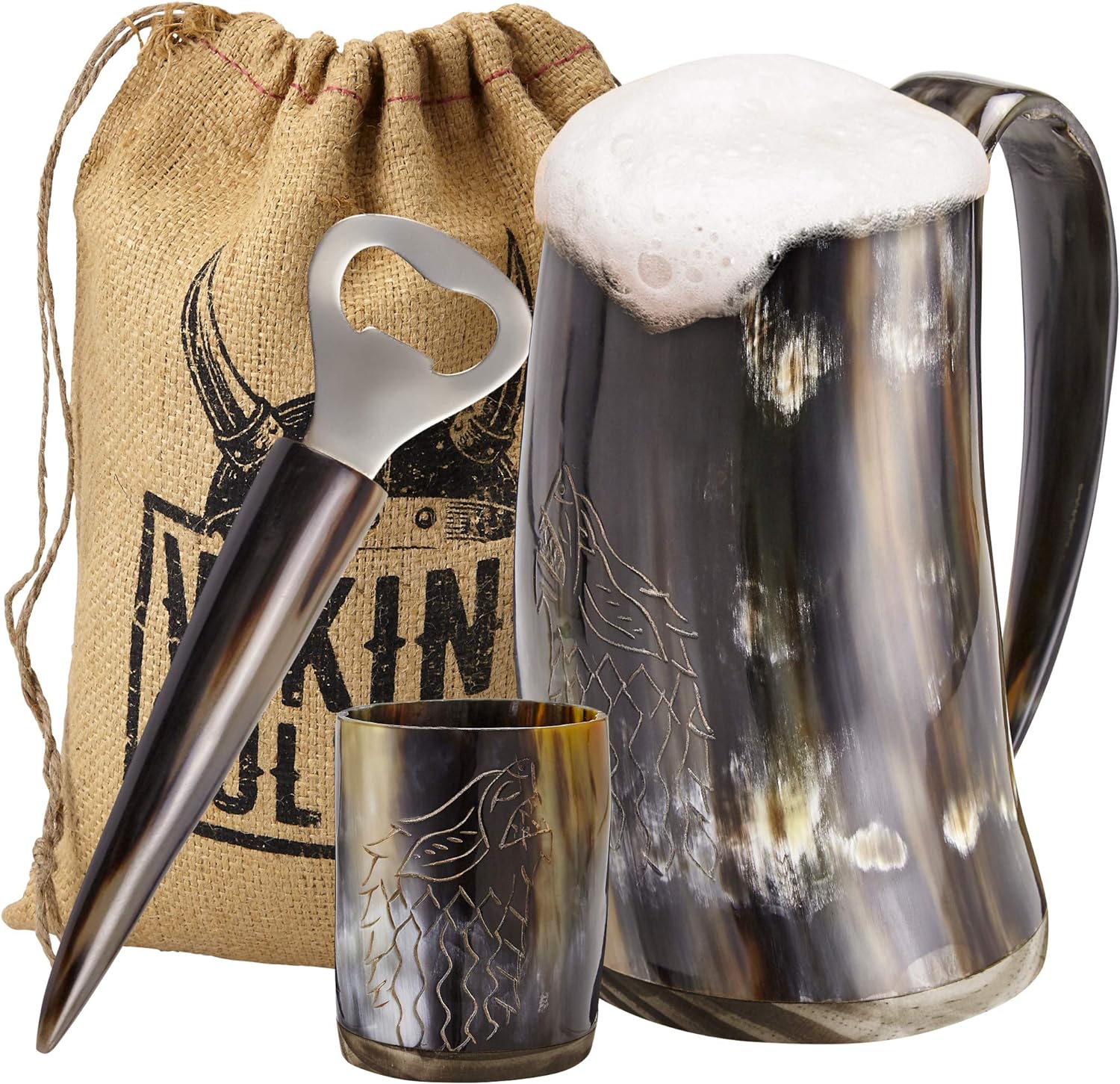 Ox Horn Mug, Shot Glass, and Bottle Opener (3 Pc Set) Authentic 16-oz. Ale, Mead, and Beer Tankard | Vintage Stein with Handle | Custom Intricate Design - Polished Finish | Wolf/Fenrir