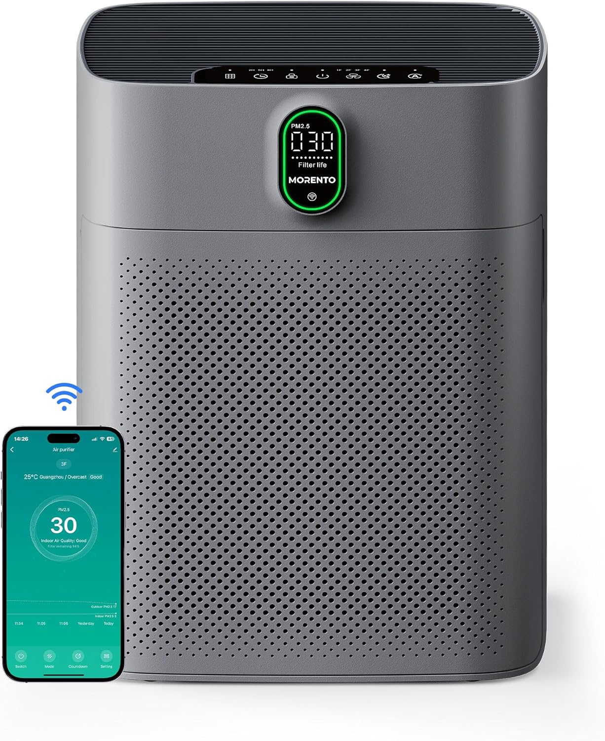 MORENTO Smart Air Purifier for home Large Rooms up to 1076 ft, Wi-Fi and Alexa compatible, PM2.5 Air Quality Display, Auto Mode, Quiet Mode 24dB, HEPA Filter Removes Dust, Pollen, Smoke (Gray)