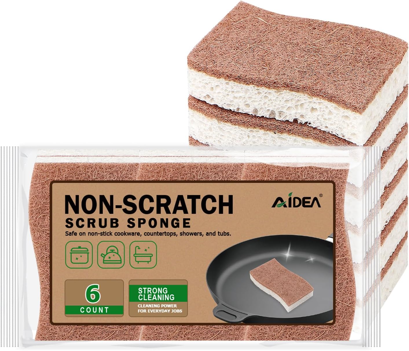 AIDEA Non-Scratch Scrub Sponges-6Count, Natural Sponges for Non-Stick Cookware, Sponges Kitchen, Cellulose Sponges for Dishes, Cleaning Sponge for Kitchen, Bathroom, Household