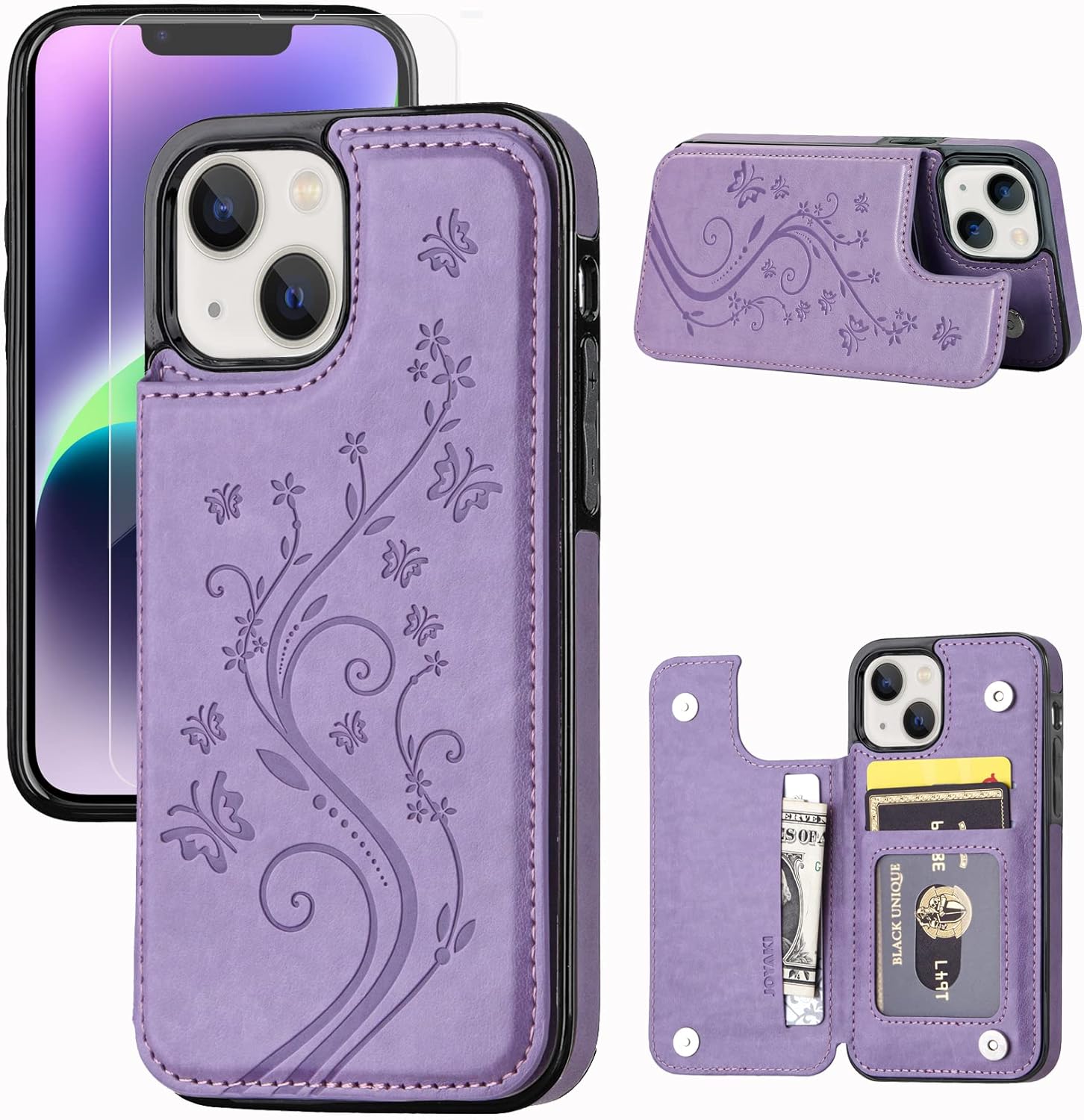 Wallet Case Compatible with iPhone 14, Slim Protective case with Card Holder,Premium PU Leather Kickstand Card Slots Case with a Free Screen Protector for iPhone 14 (6.1)-Purple