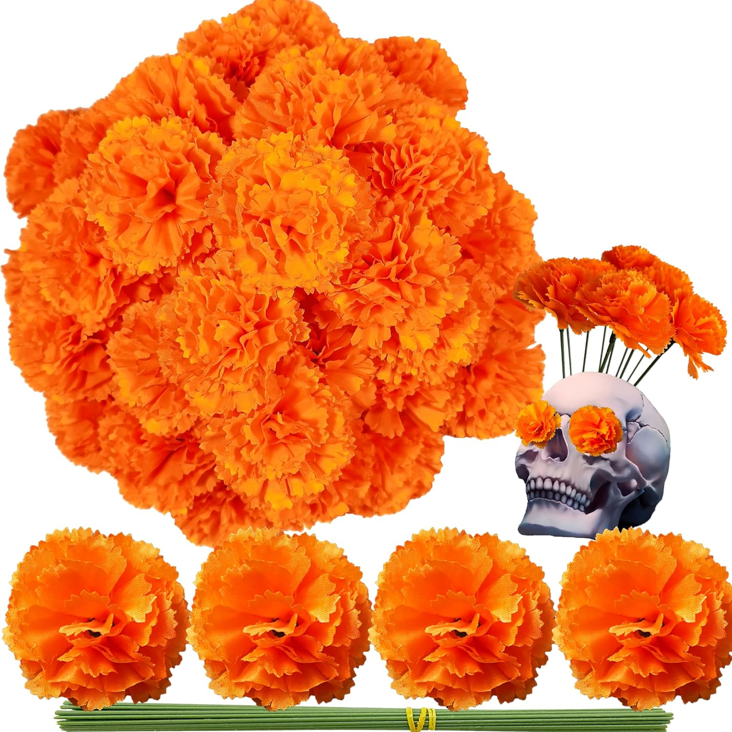 Marigold Flower Heads 50Pcs, Mexican Marigold Artificial Flowers for Day of The Dead Diwali Home DIY Garland Craft Wedding Mexican Party Decoration Halloween Dia De Los Muertos Decor(Orange)