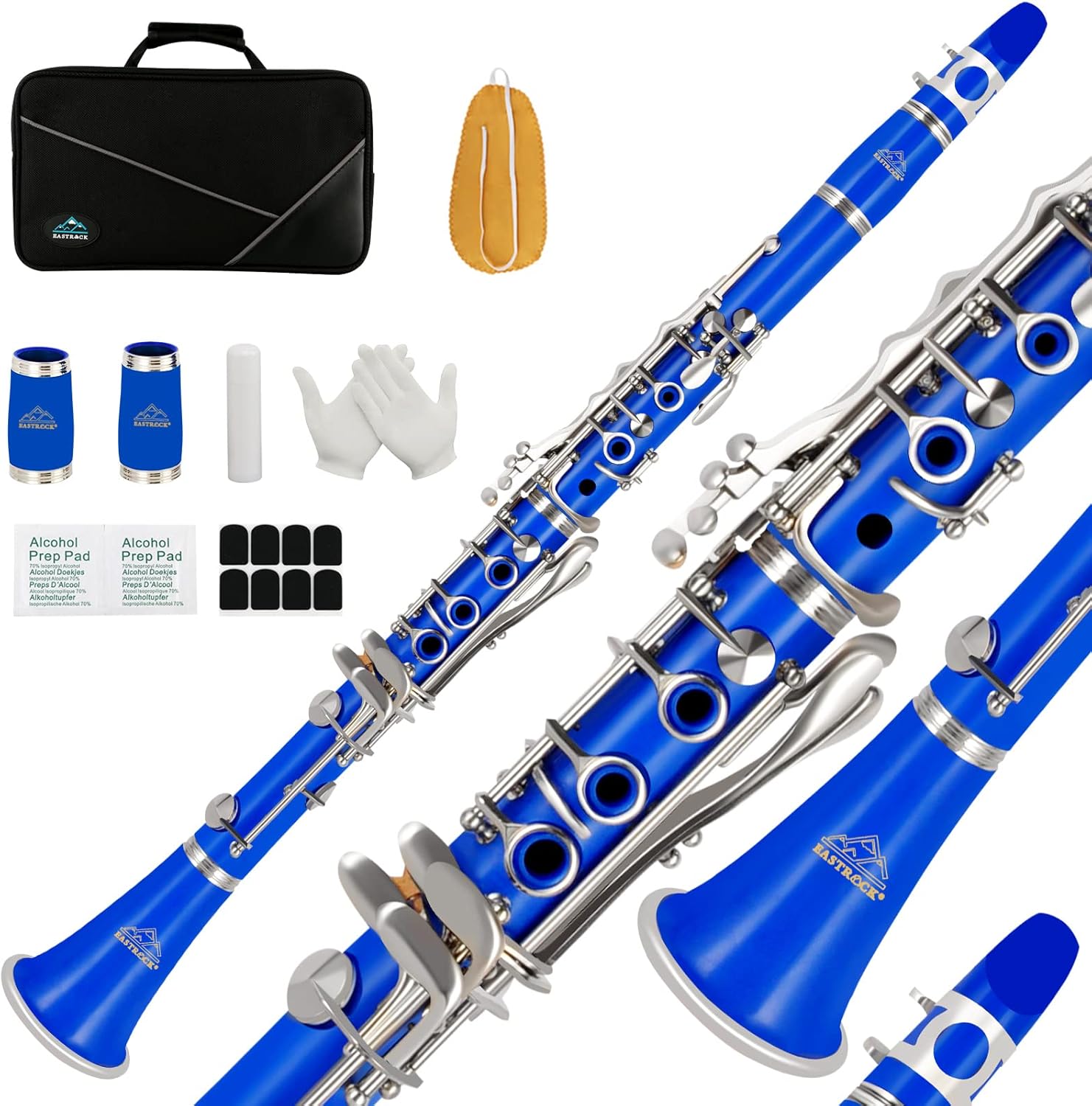 EASTROCK Clarinet Bb Flat 17 Nickel Keys Blue Clarinet for Student Beginner with 2 Barrels Hard Case and Clarinet Cleaning Kit