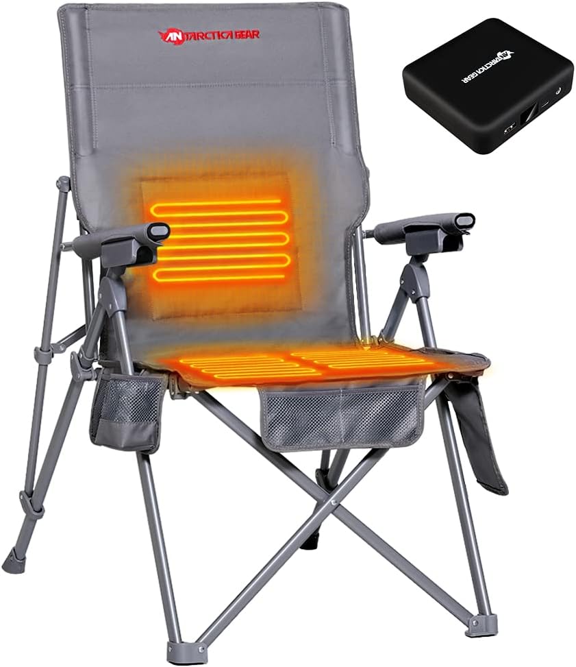 Antarctica Gear Heated Camping Chair with 12V 16000mAh Battery Pack, Heated Portable Chair, Perfect for Camping, Outdoor Sports, Picnics, and Beach Party, with 5 Pockets