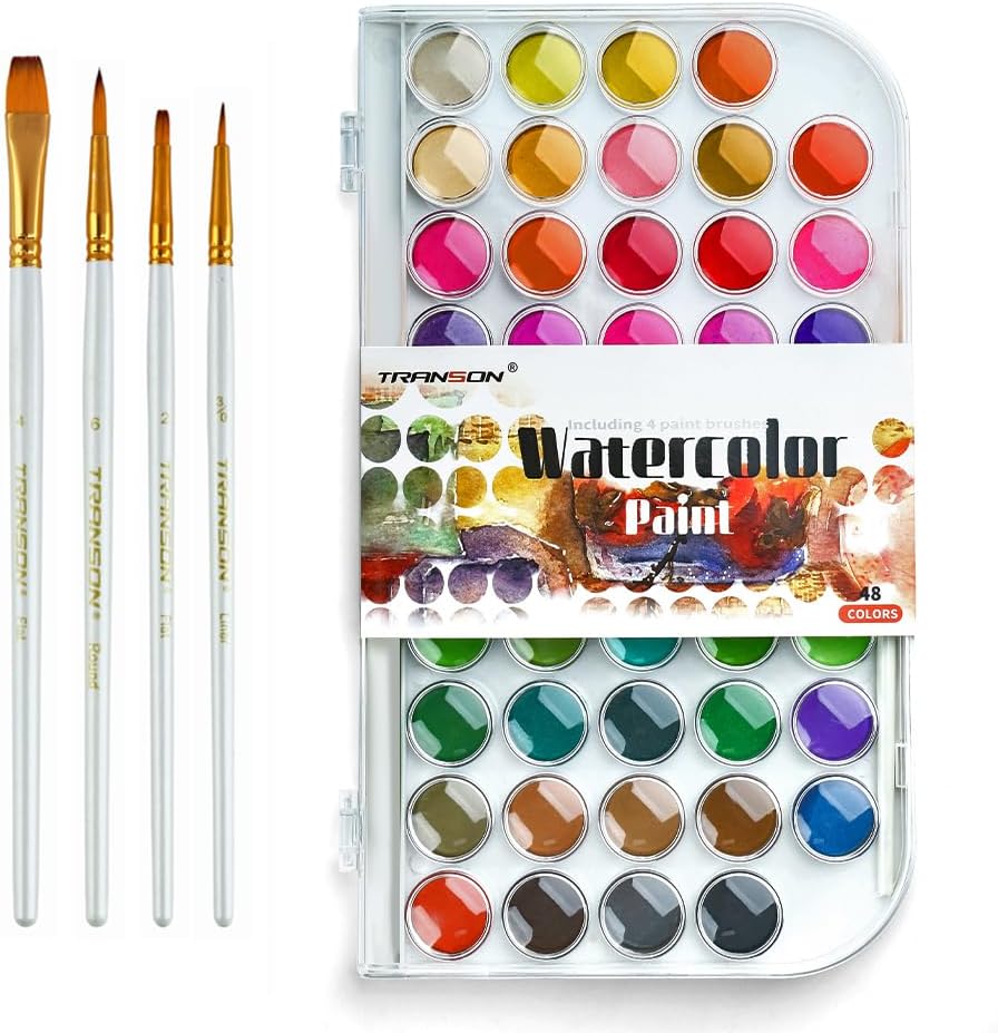 Transon 48 Colors Watercolor Paint Set with 4pcs Paint Brushes for Adults, Students, Beginners and Artists