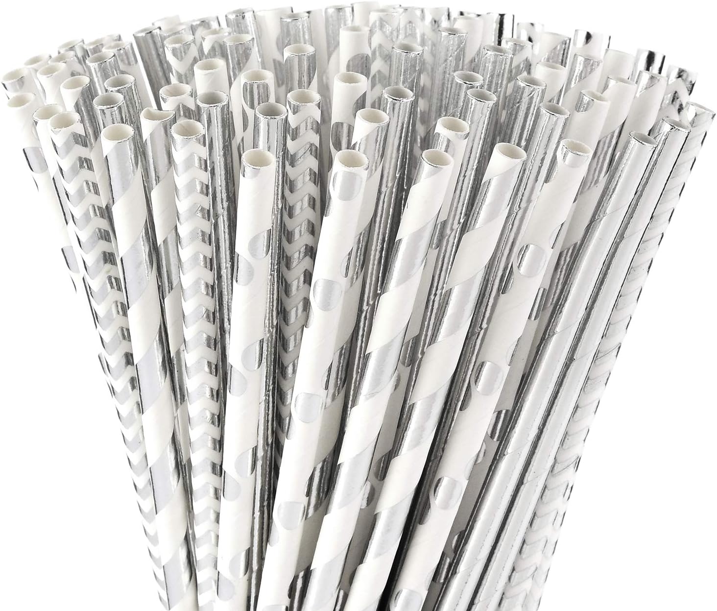 ALINK Biodegradable Silver Paper Straws Bulk, Pack of 100 Metallic Foil Striped/Wave/Dots Straws for Birthday, Wedding, Bridal/Baby Shower, Christmas Decorations and Party Supplies