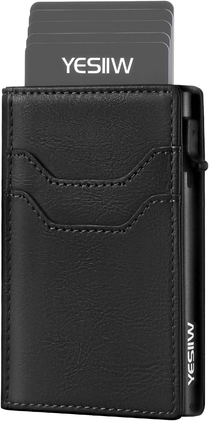 YESIIW Slim Wallet for Men - Pop up Card Holder Mens Wallet with RFID Protection Leather Wallets with ID Window and Metal Case Black