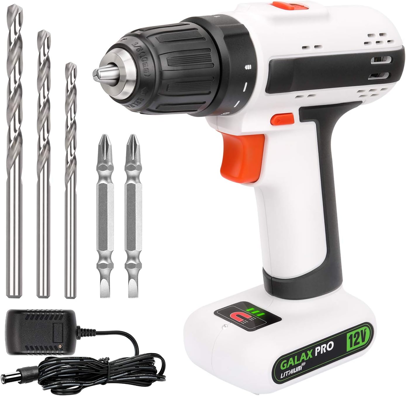 GALAX PRO Drill Driver, Lightweight 12V 2 Speed Cordless Drill, Maximum Torque 25 N.M, 3/8 Inch Keyless Chuck, Streamlined Design, with 6 Accessories