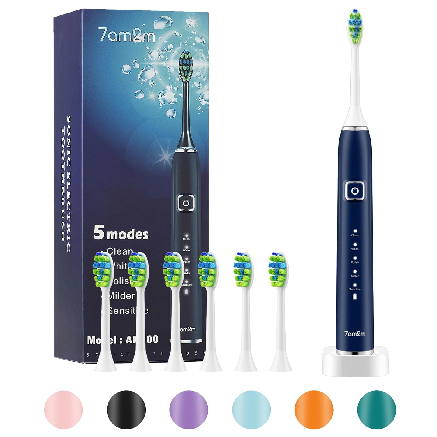 7AM2M Sonic Electric Toothbrush with 6 Brush Heads for Adults and Kids, One Charge for 90 Days, Wireless Fast Charge, 5 Modes with 2 Minutes Build in Smart Timer, Electric Toothbrushes(Navy Blue)