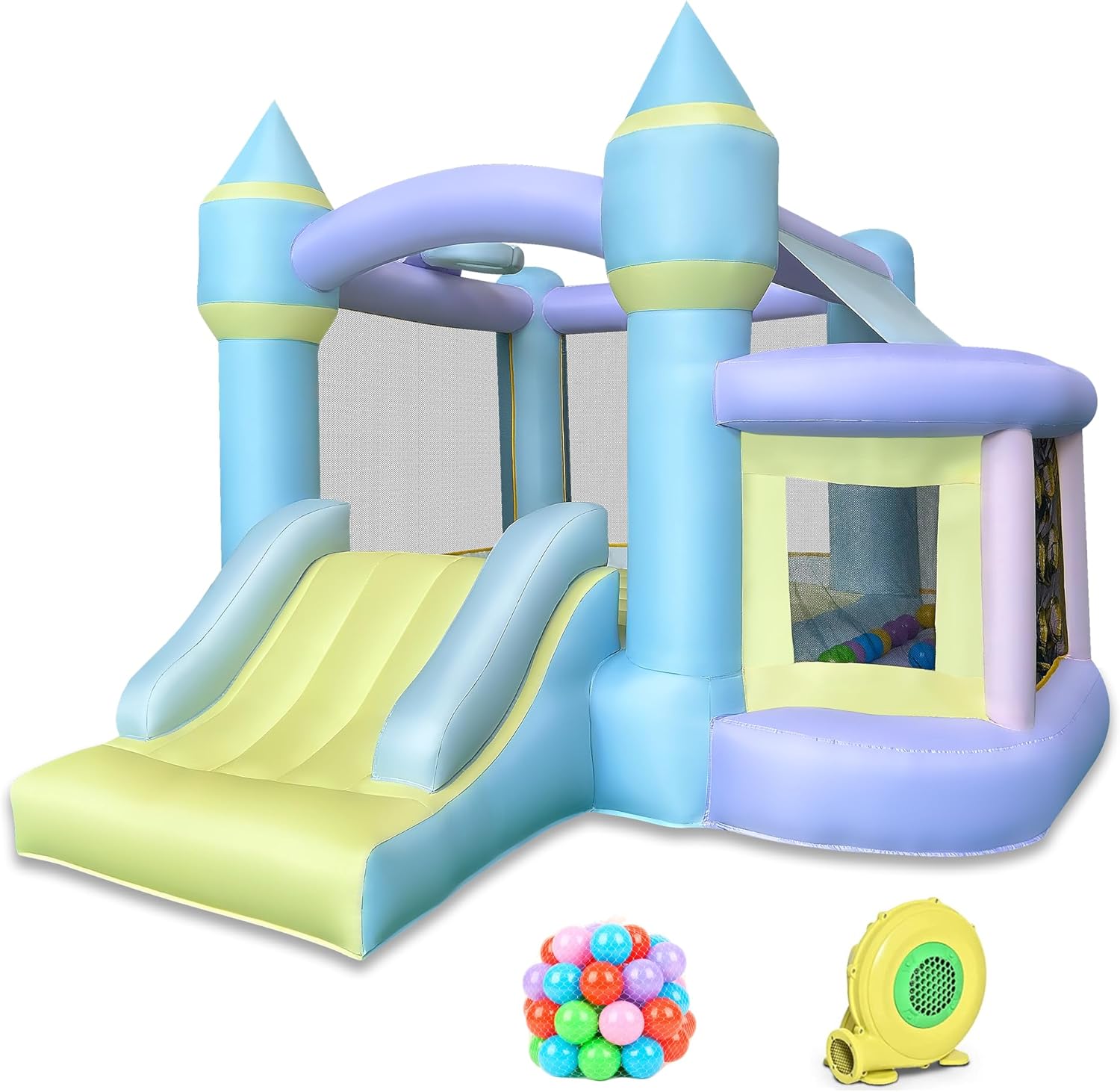 RETRO JUMP Bounce House,Inflatable Bounce House,Bouncy House with Blower,Bouncy Castle with Slide,Kids Bounce House with Jump Area,Ball Pit&Basketball Rim, Includes Balls,Storage Bag,Patch Kits,Stakes