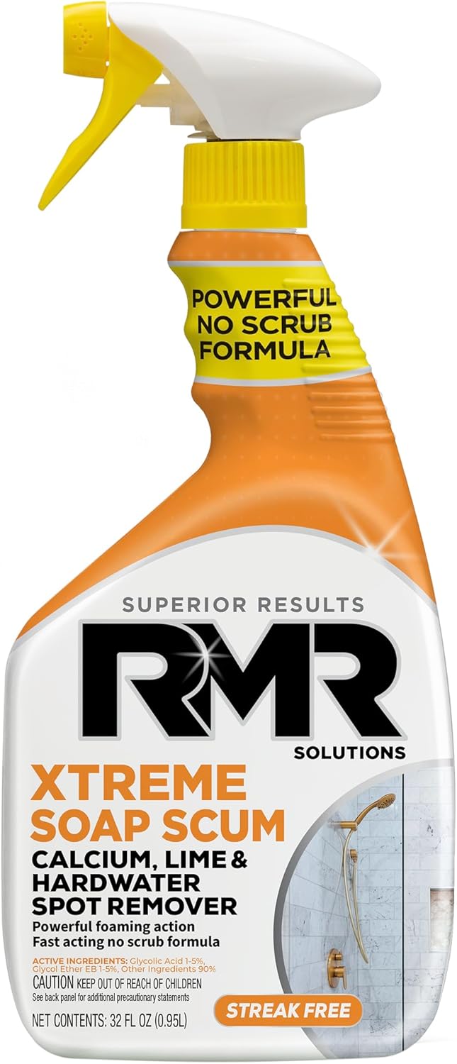 RMR - Xtreme Soap Scum Remover, Fast-Acting, No-Scrub Bathroom Cleaner for Soap Scum, Calcium, Hard Water, Limescale, and Shower Tile Residue, Bleach-Free, 32-Fluid Ounce Spray Bottle