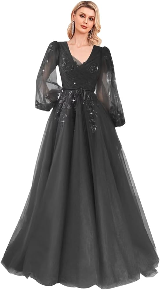 Sequin Applique Long Sleeve Prom Dress Sparkly Tulle Ball Gown A Line V Neck Formal Evening Gowns