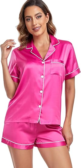 Serenedelicacy Women' Satin Pajama Set 2-Piece Sleepwear Loungewear Button Down Short Sleeve PJ Set