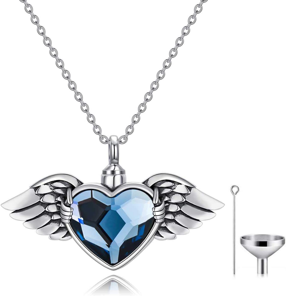 AOBOCO Angel Wing with Heart Urn Necklace for Ashes Sterling Silver Hold You in My Heart Cremation Memorial Keepsake Pendant with Heart Crystal