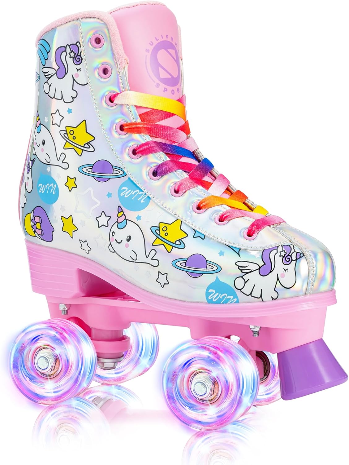 SULIFEEL Rainbow Unicorn Roller Skates for Girls Light up Wheels Kids Quad Skates with High Top Reflective TPU Leather Rainbow Unicorn