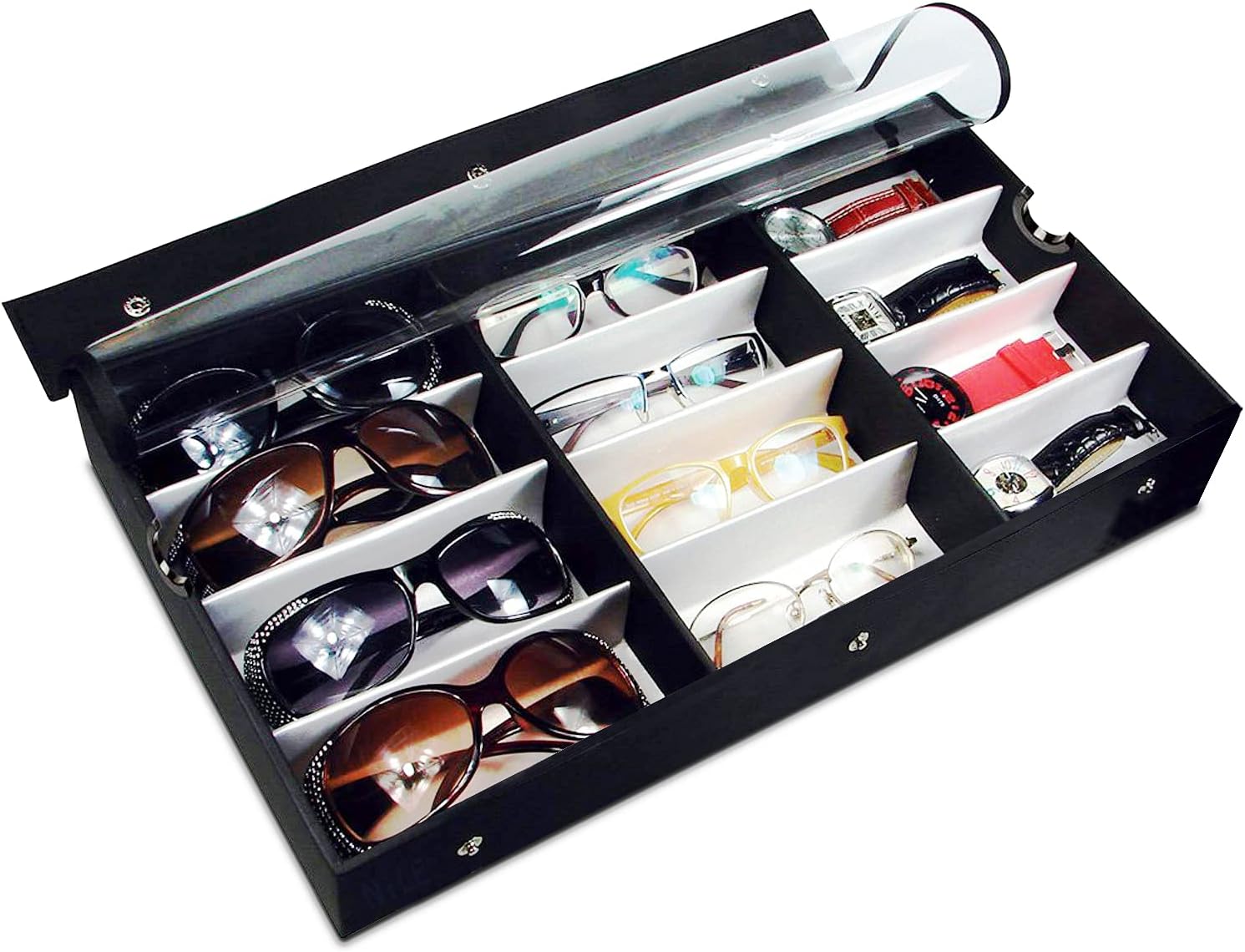 Ikee Design Large 12 Slot Eyewear Storage Organizer Tray Display Case Holder, Multiple Glasses Case Box Eyewear Glasses Storage for Sunglasses, Eyeglasses, Watches and Jewelry 19 W x 10 D x 2 1/4 H in