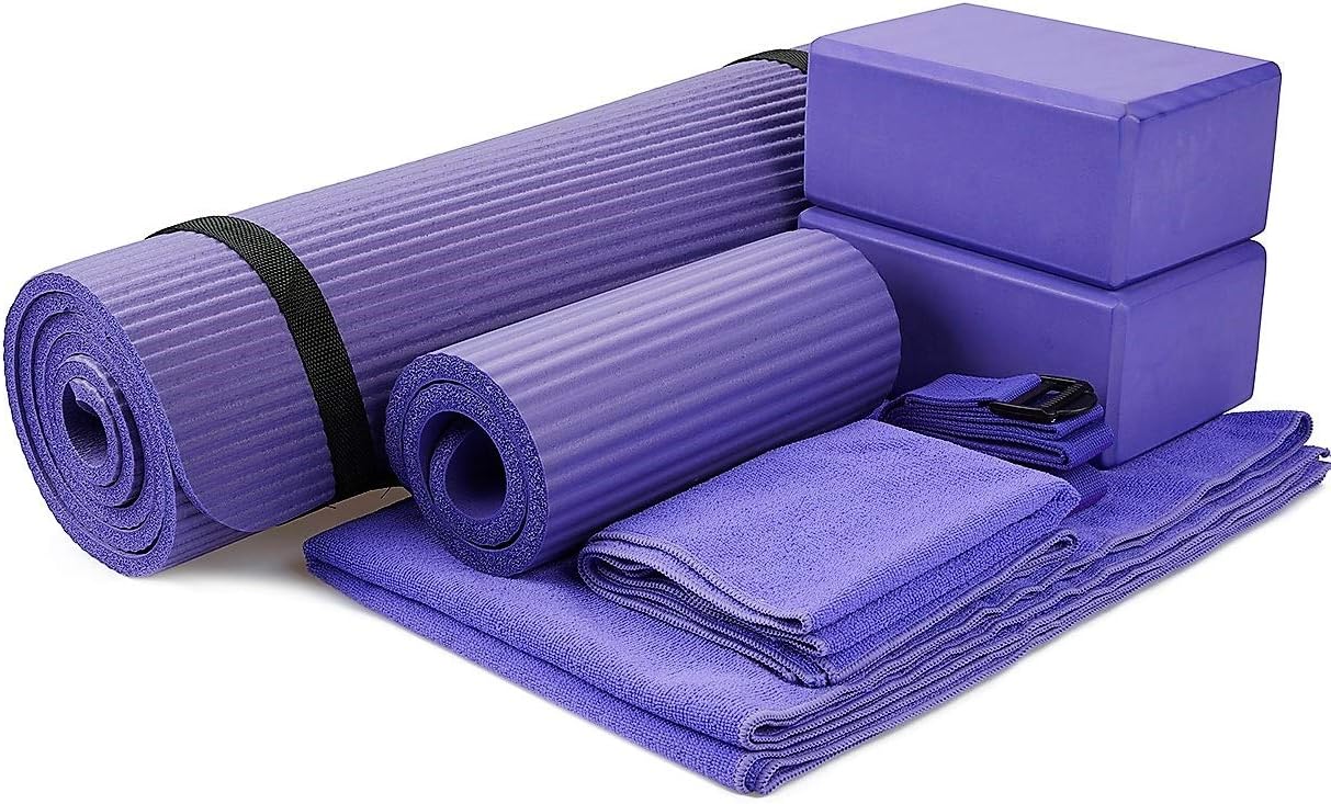 BalanceFrom 7-Piece Set - Include Yoga Mat with Carrying Strap, 2 Yoga Blocks, Yoga Mat Towel, Yoga Hand Towel, Yoga Strap and Yoga Knee Pad